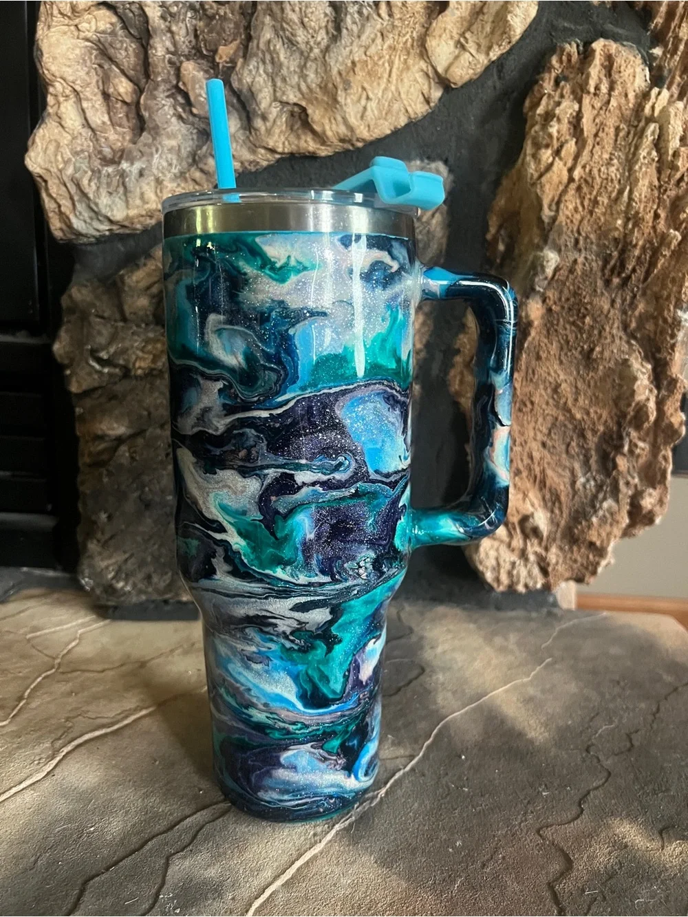 Blue Teal Marble Stainless Tumbler with Handle - Picture 1 of 5